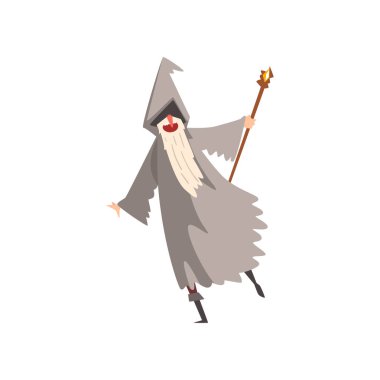 Elderly Male Sorcerer with Magic Staff, Bearded Wizard Character Wearing Mantle and Pointed Hat Vector Illustration clipart