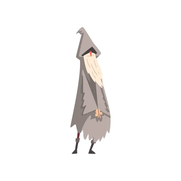 Sorcier homme âgé, magicien barbu gris portant un manteau et un chapeau pointu Illustration vectorielle — Image vectorielle
