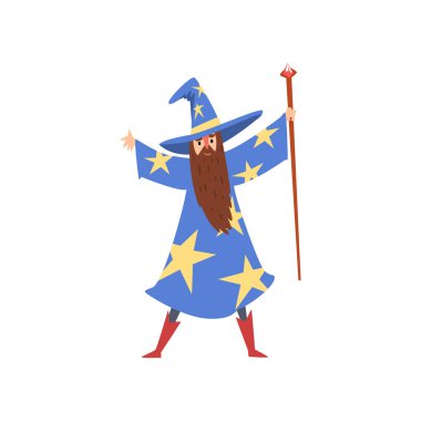 Sihirli asa, Erkek büyücüyle sakallı yıldız ve sivri şapka vektör çizim ile mavi manto giyiyor Sihirbazı karakter