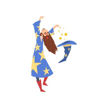 Erkek büyücü büyücülük, pratik sakallı yıldız ve sivri şapka vektör çizim ile mavi manto giyiyor Sihirbazı karakter