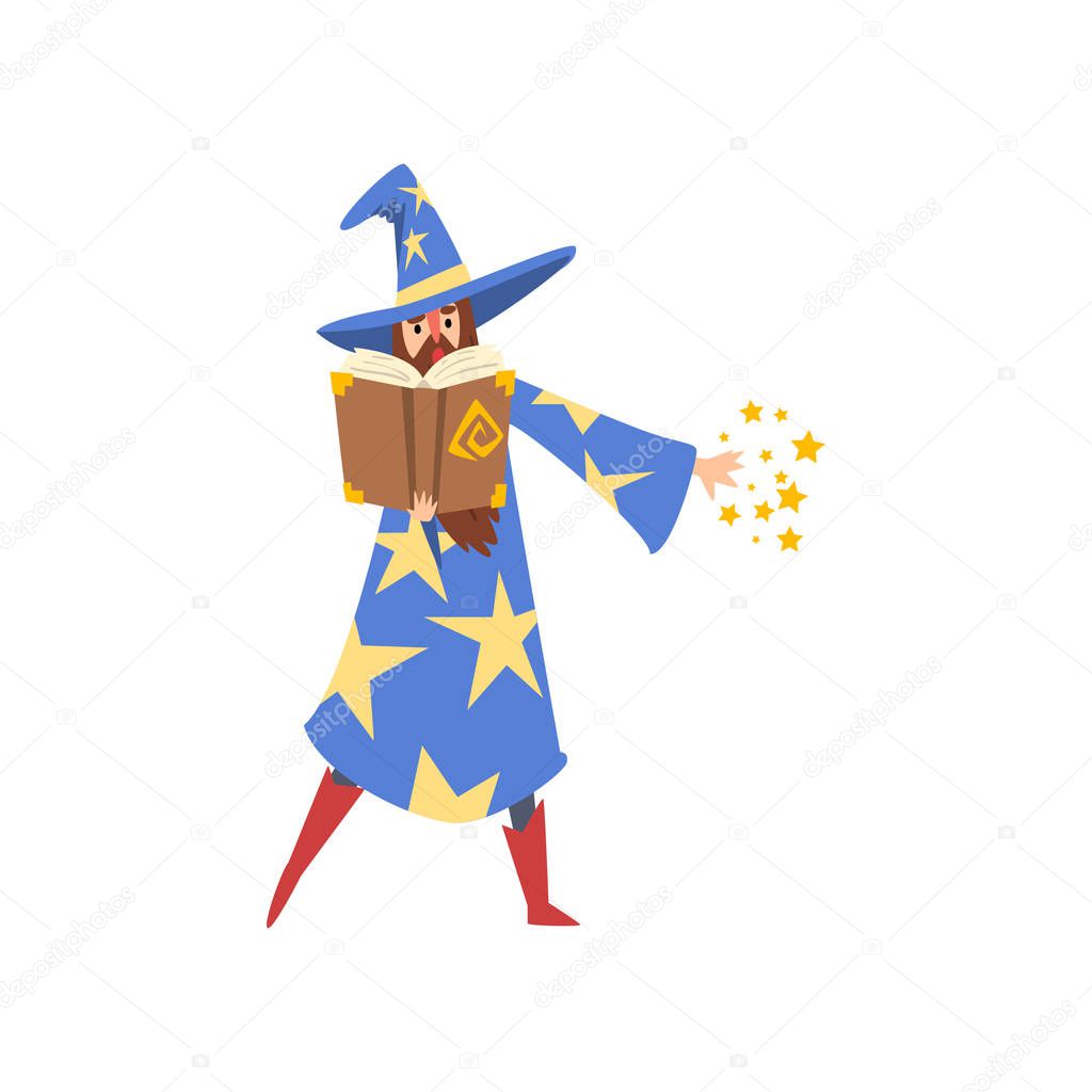 Male Sorcerer Reading Magic Book, Bearded Wizard Character Wearing Blue Mantle with Stars and Pointed Hat Vector Illustration