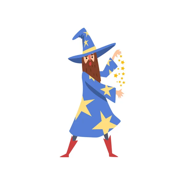 Szakállas férfi varázsló karakter kék köpeny hegyes kalap gyakorló varázslás vektoros illusztráció és csillagok viselt — Stock Vector