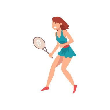 Genç kadın tenis giyen oynayan tek tip, profesyonel spor kadın karakter eylem vektör çizim içinde spor