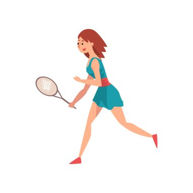 Genç kadın tenisçi raket, eylem vektör çizim profesyonel sporcumuz karakteri ile
