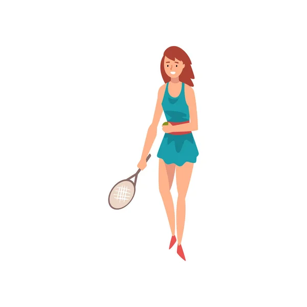 Ung kvinna tennisspelare, professionell idrott kvinna Character stående med Racket i hennes Hand vektorillustration — Stock vektor