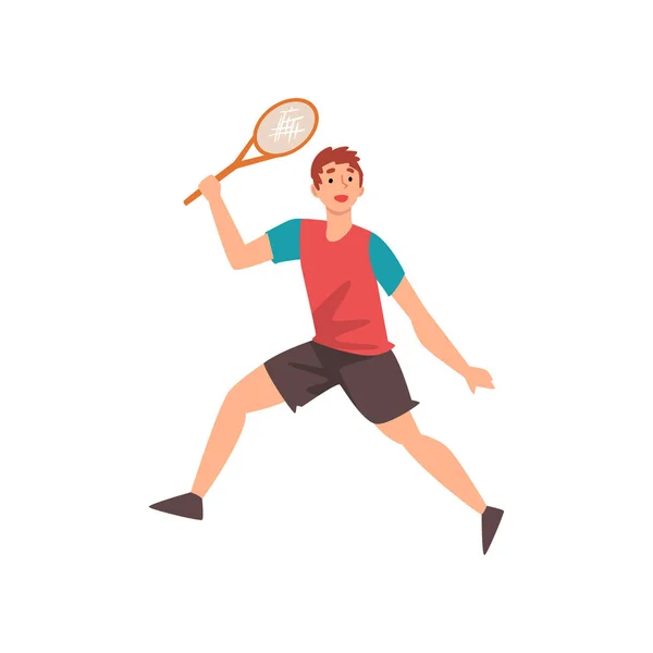 Tennisser met Racket in zijn Hand, beroepssporter teken in actie vectorillustratie — Stockvector