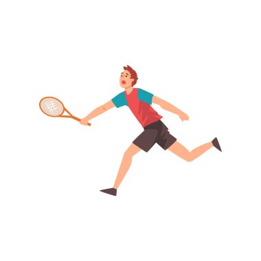 Oynama tenis, profesyonel sporcu karakter onun el vektör çizim raket ile çalışan genç adam