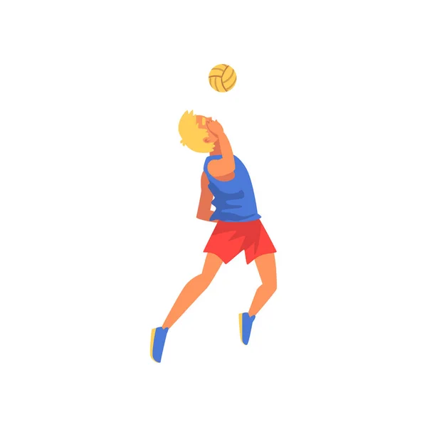 Mann spielt Volleyball mit Ball, professionelle Sportler Charakter trägt Sport Uniform Vektor Illustration — Stockvektor