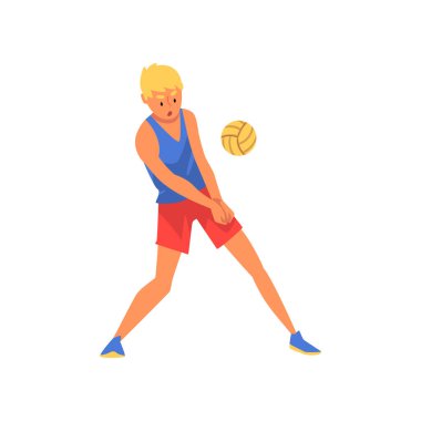 Voleybolcu giyen üniforma, Erkek profesyonel sporcu karakter top vektör çizim ile oynarken spor