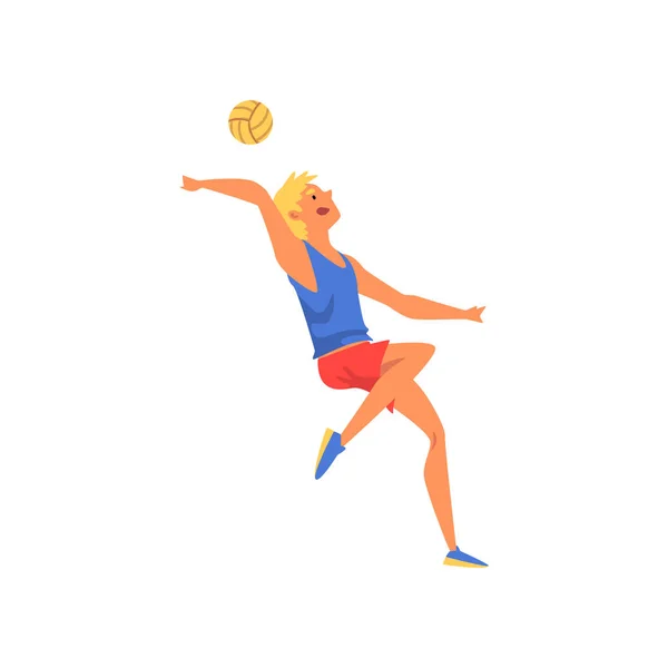 Homem jogador de voleibol servindo bola, personagem desportista profissional vestindo uniforme esportivo em movimento Vector Ilustração — Vetor de Stock