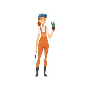 Saksıyı, kız bahçıvan iş vektör çizim karakterde tutan tulum giyen genç kadın