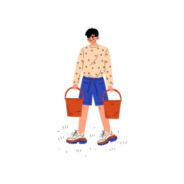 Su, Bahçe veya çiftlik vektör çizim çalışma adam kovaları taşıyan çocuk