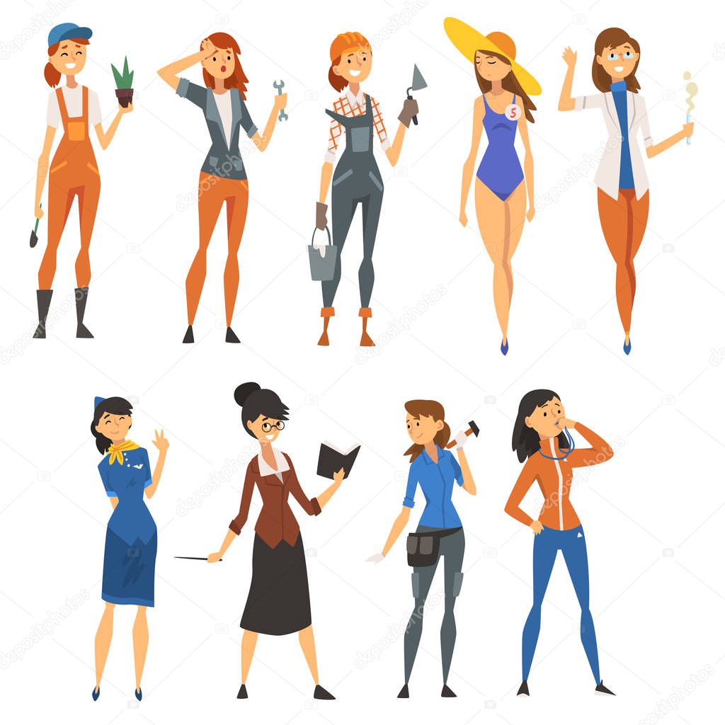Women of Different Professions Set, Gardner, Construction Worker, Model, Stewardess, Coach, Teacher Vector Illustration