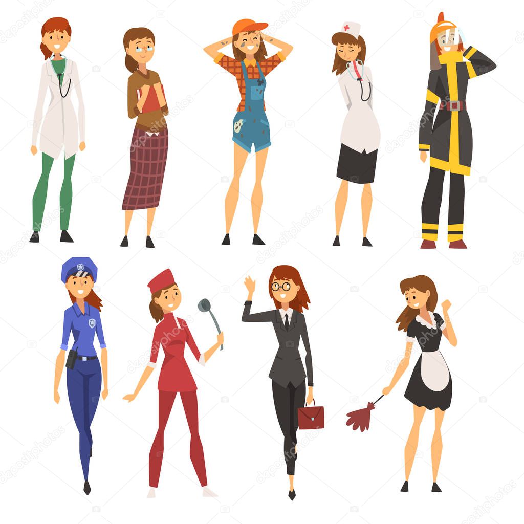 Women of Different Professions Set, Doctor, Police Officer, Firefighter, Chef Cook, Maid, Construction Worker, Businesswoman Vector Illustration