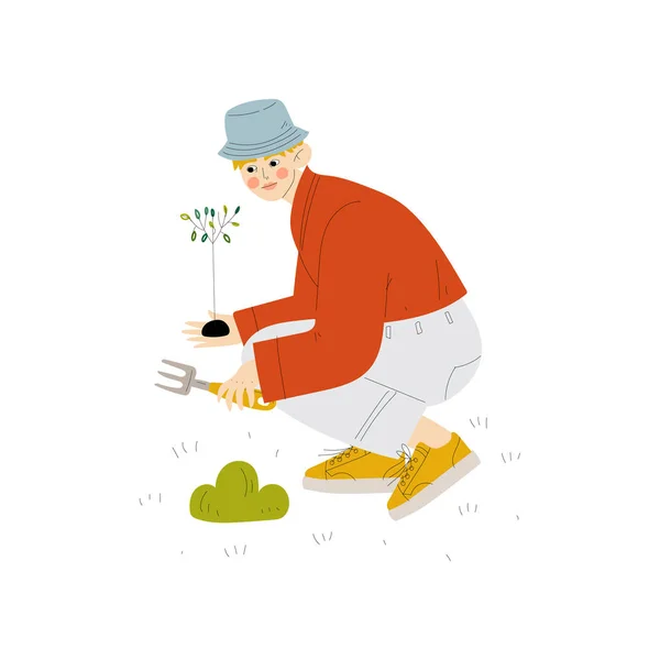 Hombre joven plantando plántulas, chico trabajando en jardín o granja Vector Illustration — Vector de stock