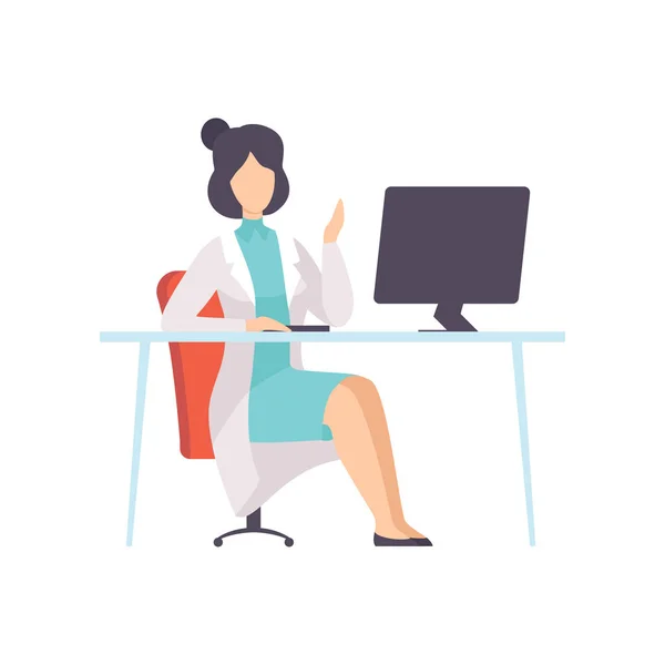 Female Doctor Character Working at Desk with Computer Vector Illustration — Stock Vector