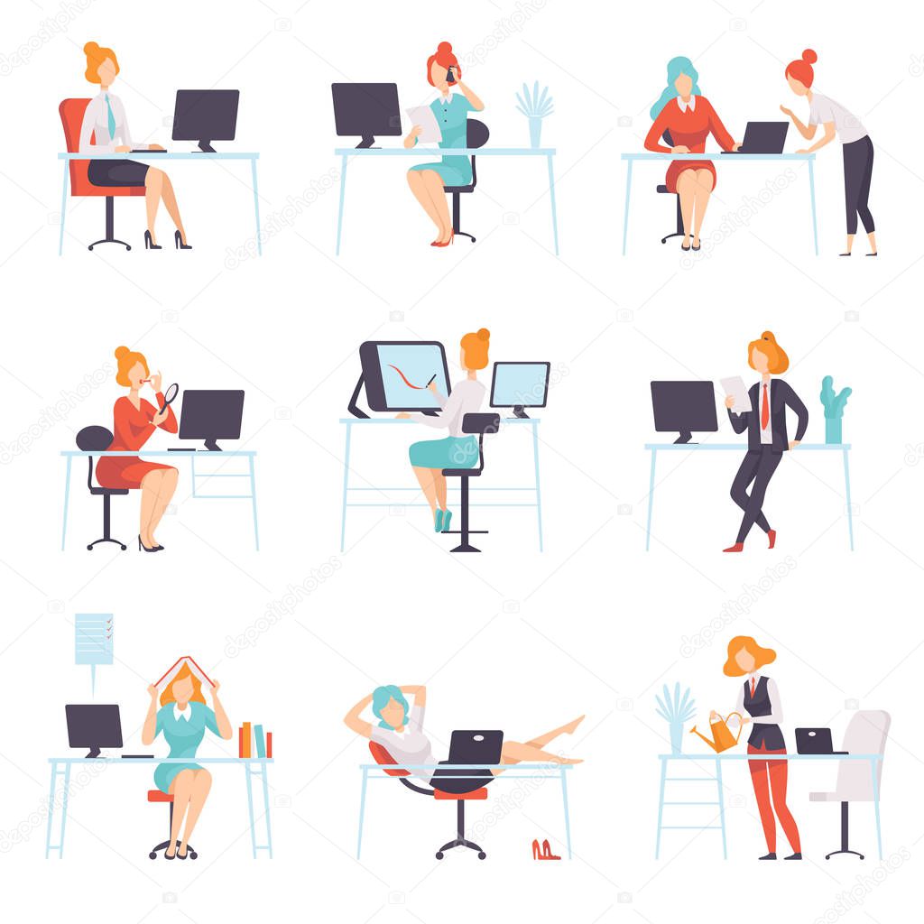 Businesswomen Working in Office Set, Business Employee Character Daily Routine Vector Illustration