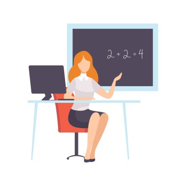 Meslek vektör çizim öğretim okul yazı tahtası önünde oturan kadın öğretmen karakter