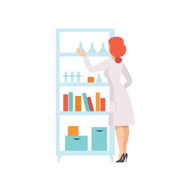 Laboratuvar, şişeler tutan ve araştırma vektör çizim yapıyor kadın bilim adamı karakter çalışan genç kadın