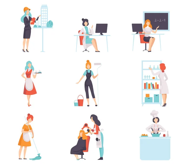 Women of Different Professions Set, Doctor, Architect, Chef Cook, Housemaid, Construction Worker, Waitress, Teacher, Hairdresser, Scientist, Vector Illustration - Stok Vektor