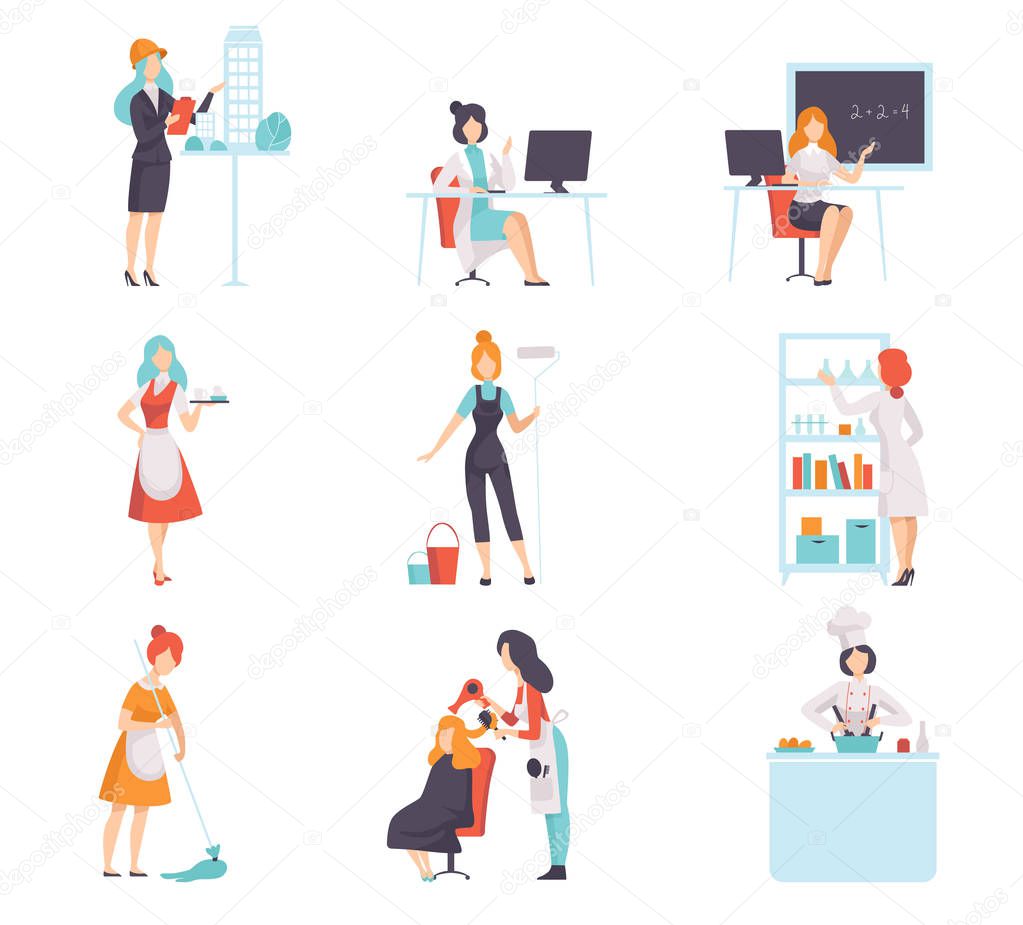 Women of Different Professions Set, Doctor, Architect, Chef Cook, Housemaid, Construction Worker, Waitress, Teacher, Hairdresser, Scientist, Vector Illustration