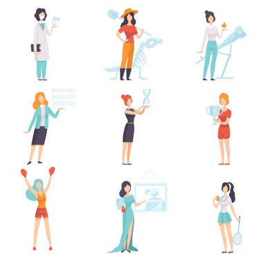 Farklı meslekler kadınların ayarla, bilim, spor, iş, tıp vektör çizim alanında genç kadınların başarıları
