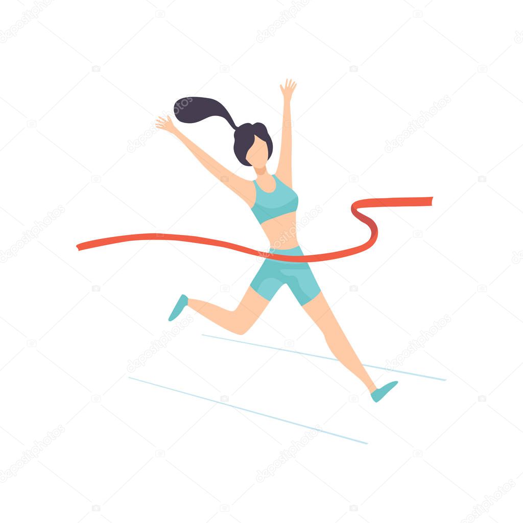 Girl Crossing Finish Line, Female Professional Sportsman Character Vector Illustration