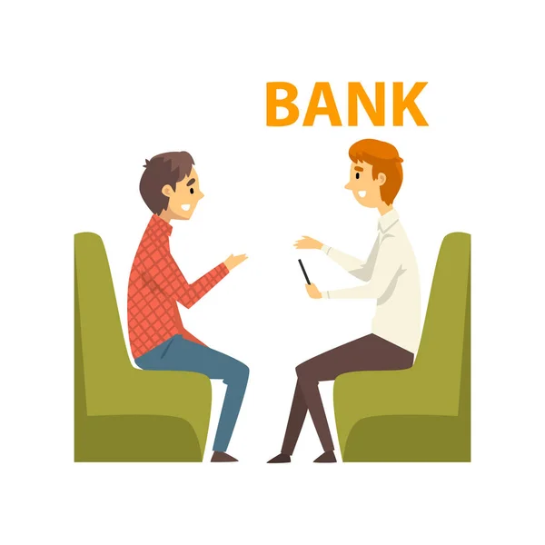 Male Client Consulting at Manager, Meeting at Bank Office, Bank Worker Providing Services to Customer Vector Illustration