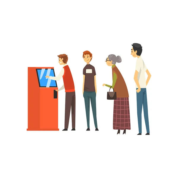 People Waiting in Line Queue to Draw Money from Automated Teller Machine, Man Getting Money Through Cash Dispenser, Banking service Vector Illustration — Stock Vector
