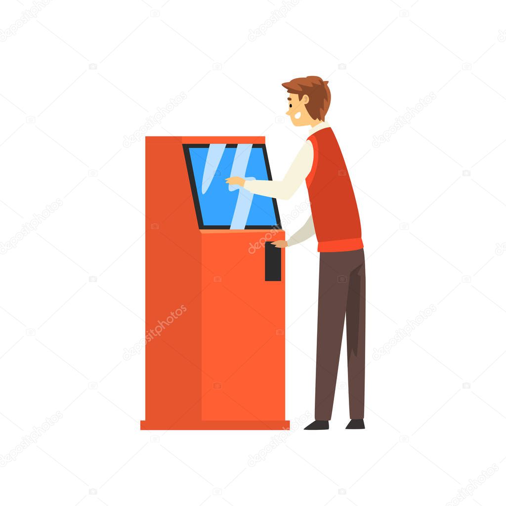 Man Using Cash ATM, Man Getting Money Through Cash Dispenser Vector Illustration