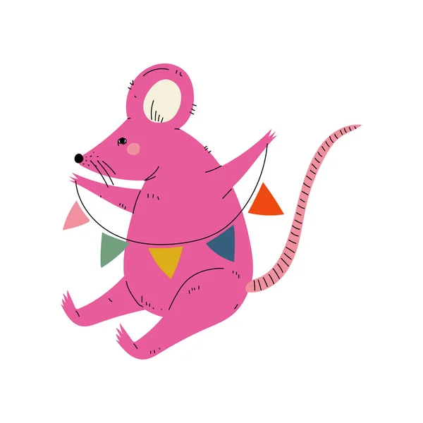 Krásné růžové myš sedí s strany vlajky, roztomilé zvířecí znak pro všechno nejlepší k narozeninám Design vektorové ilustrace — Stockový vektor