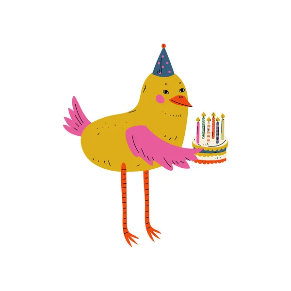 Roztomilý ptáček postava drží narozeninový dort s hořící svíčky vektorové ilustrace — Stockový vektor