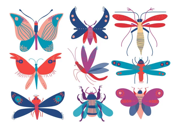 Colorful Cute Insects Set, Butterfly, Beetle, Bug, Mosquito, Moth, Dragonfly, Top View Vector Illustration — Stock Vector