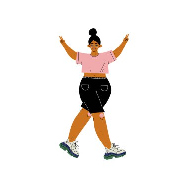 Güzel rahat kıyafetler, Afrikalı-Amerikalı kadın karakter sevgi dolu onun vücut, kendini kabul, güzellik, vücut olumlu vektör çizim boyutu kadında artı