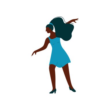 Mavi kısa elbise, kadın dansçı karakter vektör çizim giymiş dans güzel Afro-Amerikan kız