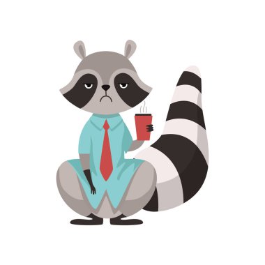 Gömlek ve kravat, komik insanlaşmış gri Rakun hayvan vektör çizim Rakun işadamı karakter fincan kahve ile ayakta giyinmiş