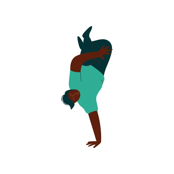 Guy Dancing Break Dance, Uomo afroamericano in sovrappeso in posizione verticale Illustrazione vettoriale — Vettoriale Stock