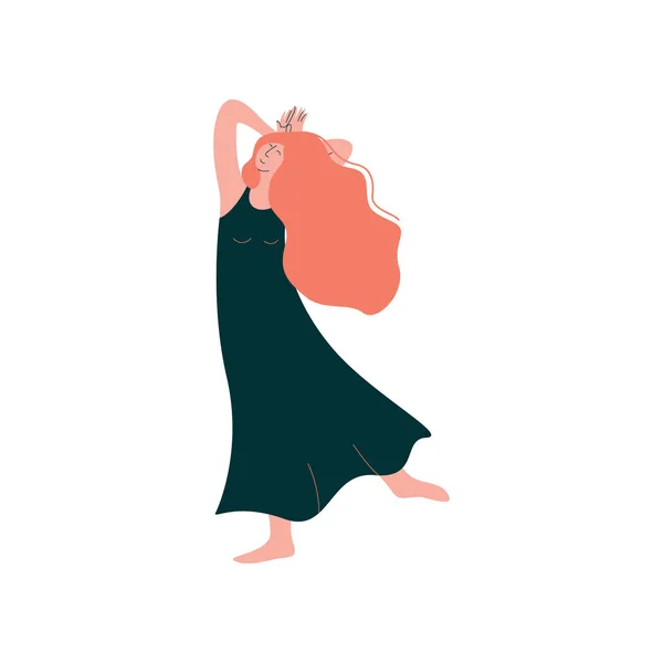 Mooi meisje dansen dragen zwarte lange jurk, vrouwelijke danser karakter vectorillustratie — Stockvector