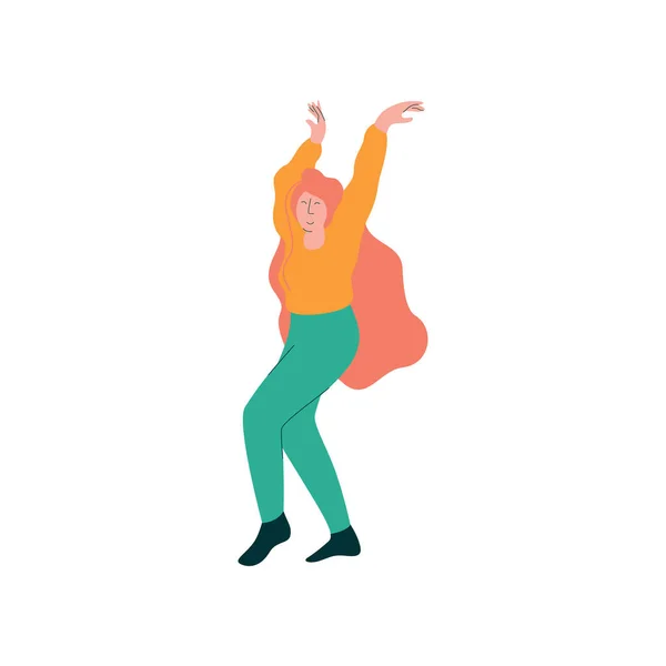 Hermosa mujer joven bailando usando ropa casual, personaje de bailarina femenina Vector Ilustración — Vector de stock