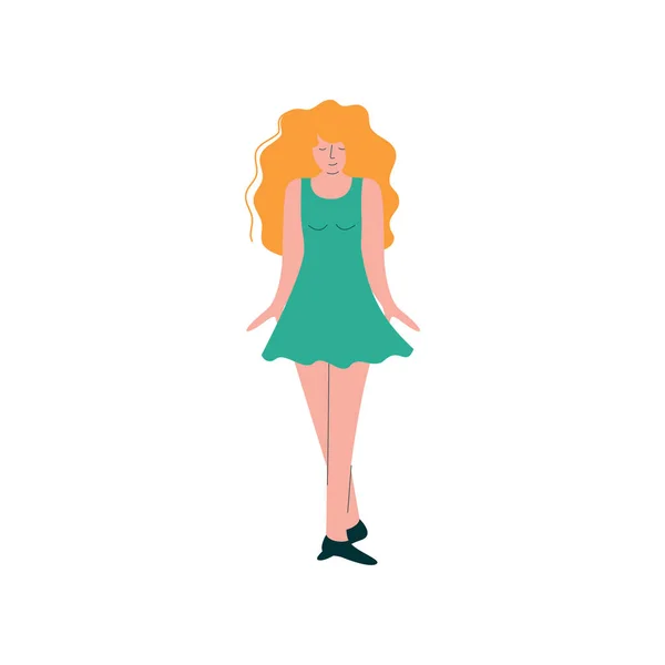 Krásná dívka s dlouhé vlnité vlasy, tanec, nosí krátké šaty, Žena tanečnice charakter vektorové ilustrace — Stockový vektor