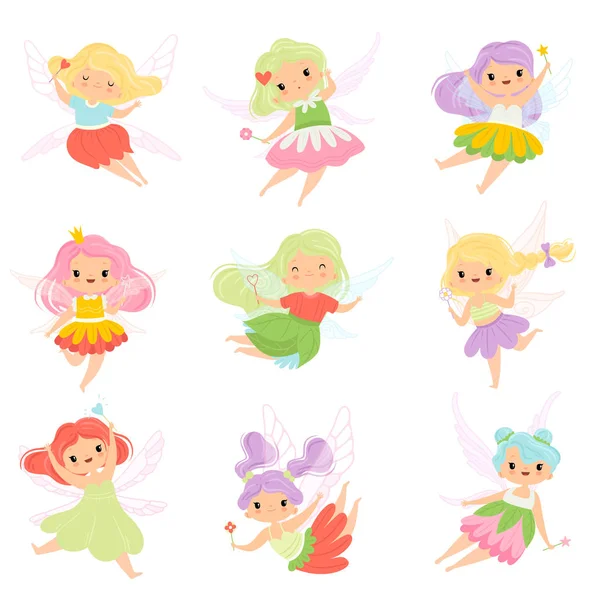 Pequenas fadas bonitos em vestidos coloridos conjunto, adorável asas voando meninas com varinhas mágicas Vector Ilustração — Vetor de Stock