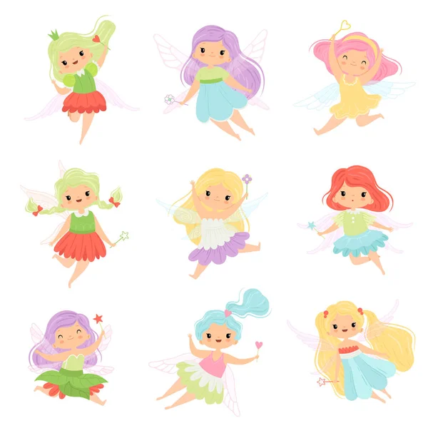 Lindas pequeñas hadas en coloridos vestidos, hermosas chicas voladoras aladas Vector Ilustración — Archivo Imágenes Vectoriales