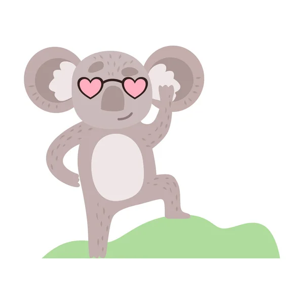 Urso bonito de coala no coração em forma de óculos, ilustração de vetor de personagem animal cinza engraçado —  Vetores de Stock