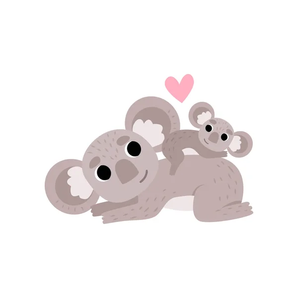 Cute Mother Koala Bear and Its Baby, Funny Grey Animal Character Vector Illustration