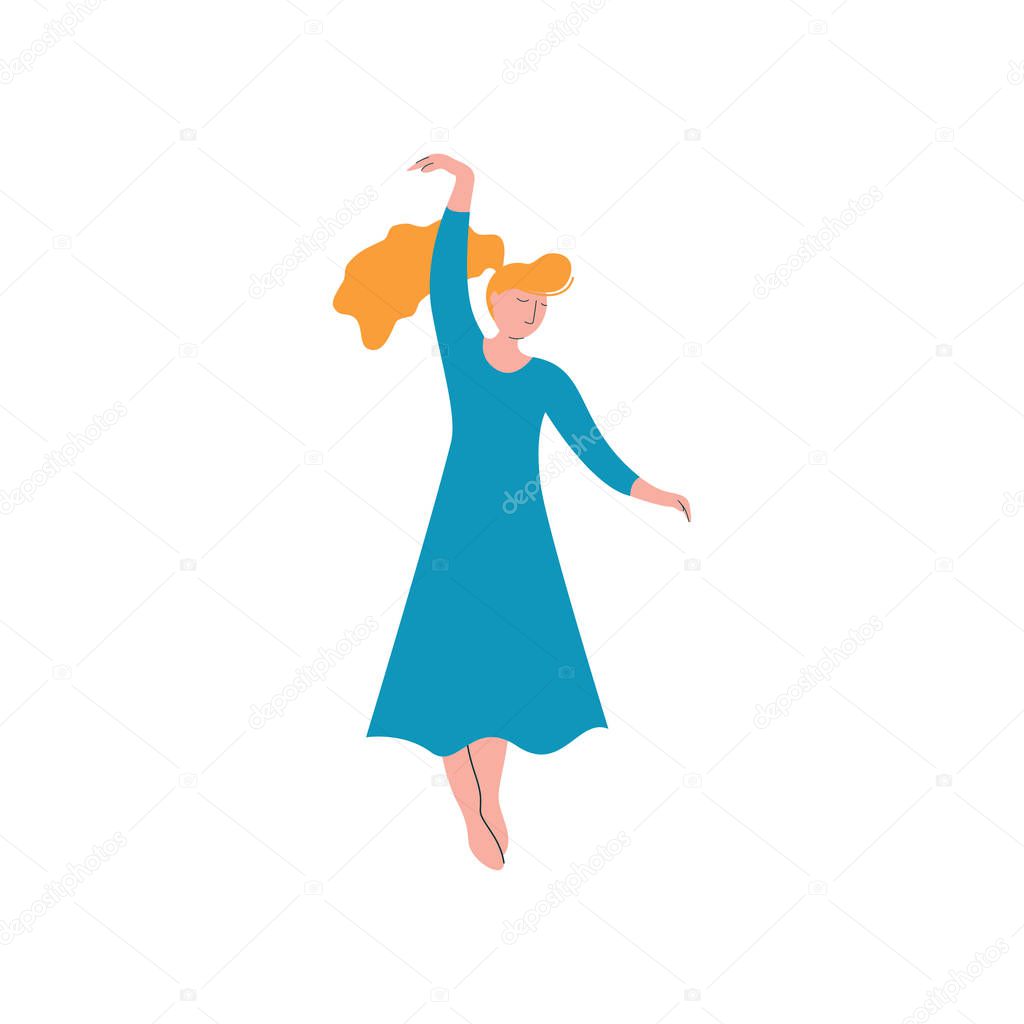 Beautiful Girl Dancing Wearing Blue Long Dress, Female Dancer Character Vector Illustration