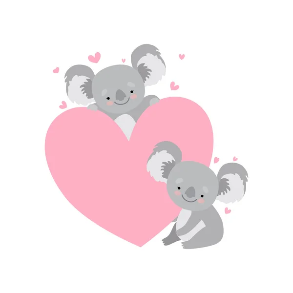 Dos lindo bebé Koala osos con gran corazón rosa, Gris divertido personaje animal Vector Ilustración — Vector de stock