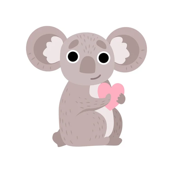 Urso Koala bonito segurando coração rosa, engraçado cinza animal personagem vetor ilustração —  Vetores de Stock