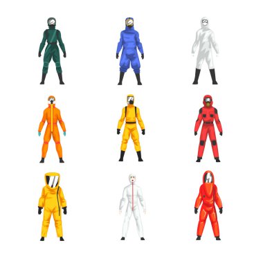 Koruyucu giysiler ve kask ayarlamak, profesyonel koruyucu Tekdüzen vektör çizim farklı işçi