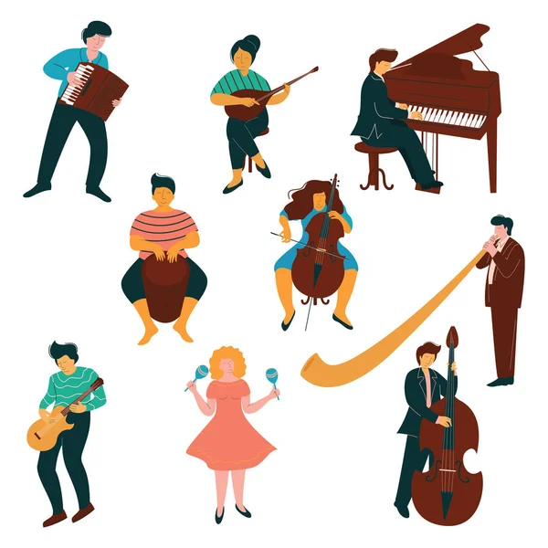 Conjunto de personajes de músicos masculinos y femeninos, personas tocando en instrumentos clásicos y modernos Vector Illustration — Vector de stock