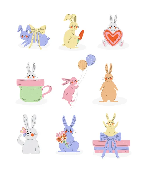 Sammlung von niedlichen Hasen, süßen Kaninchen Charaktere in verschiedenen Posen und Ausdruck Vektor Illustration — Stockvektor